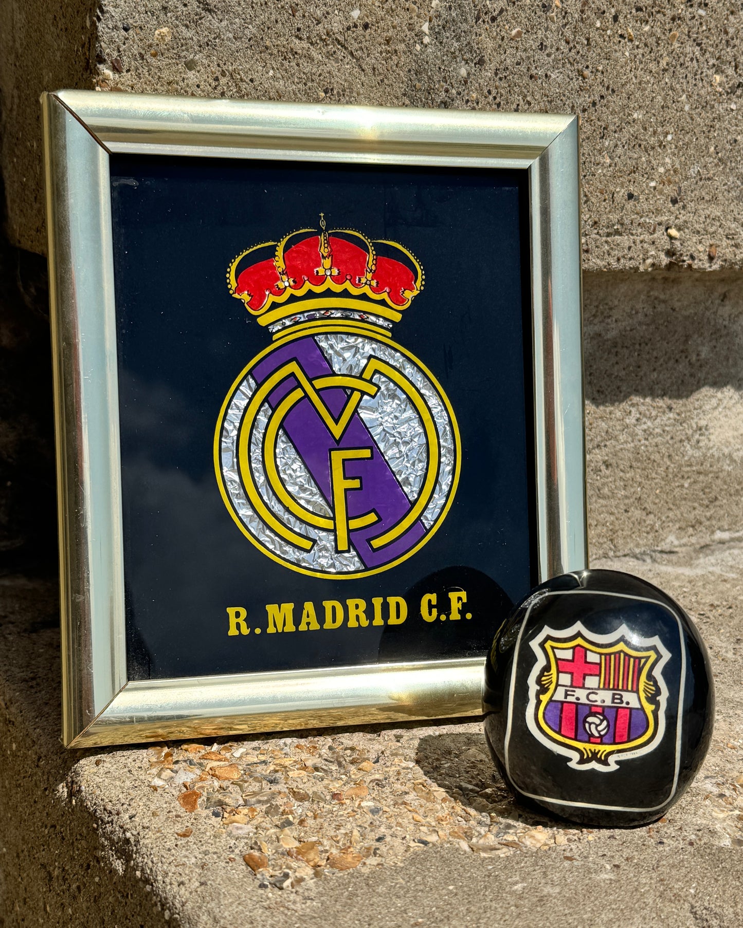 80s Real Madrid Framed Crest & Barcelona 3D Paper Weight
